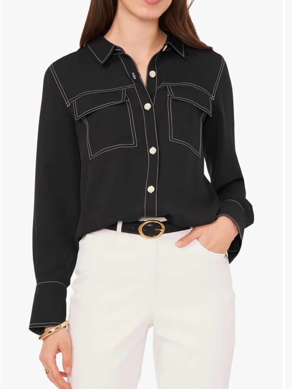Vince Camuto Black Button-Front Blouse with White Contrast Stitching MED